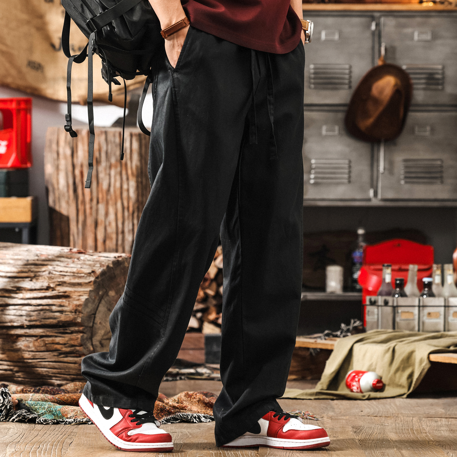 美式復古天絲萊賽爾薄款長褲子男夏季寬鬆直筒垂感黑色男士休閒褲