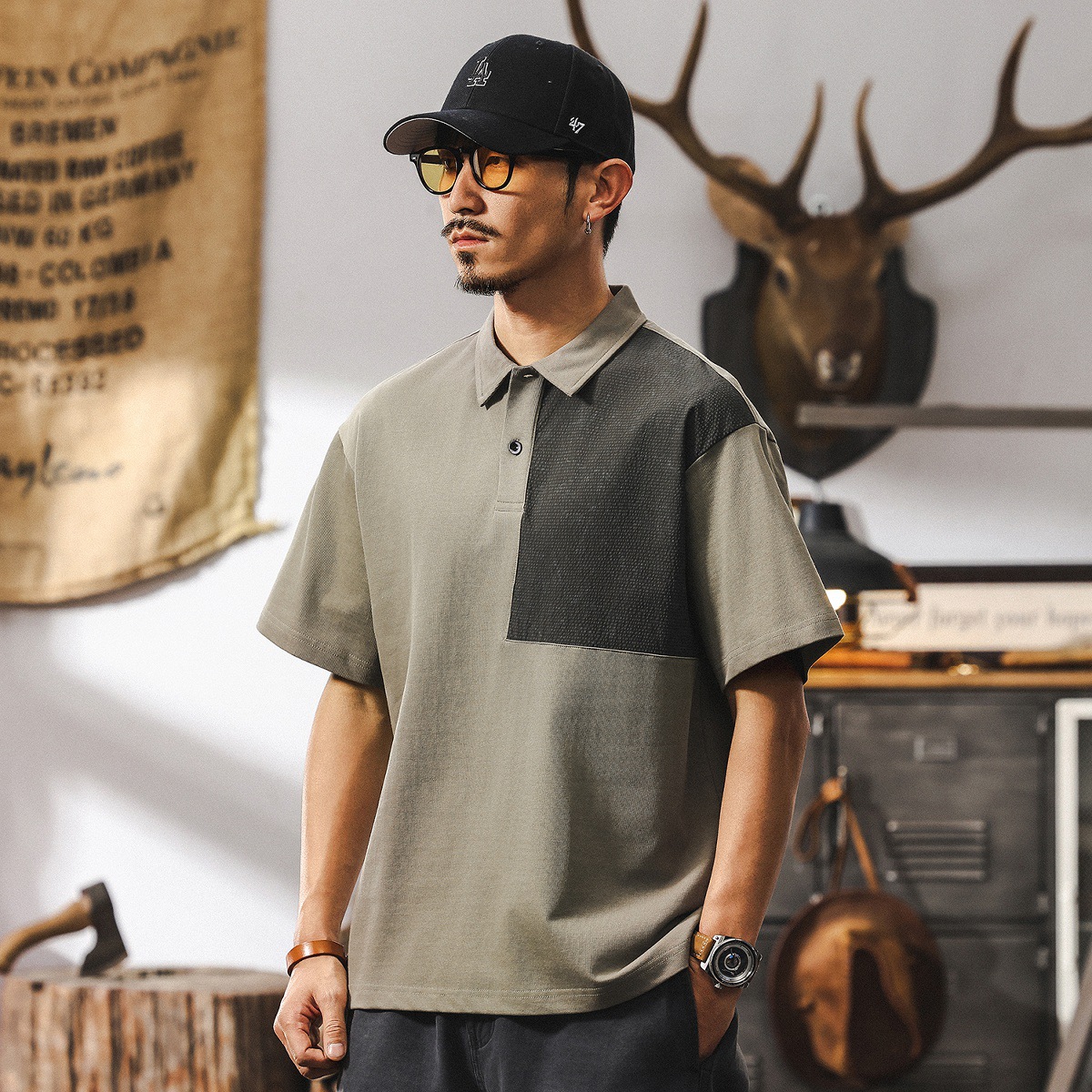 短袖男夏季2025新款男士Polo衫潮牌美式復古寬鬆上衣半袖男裝T恤