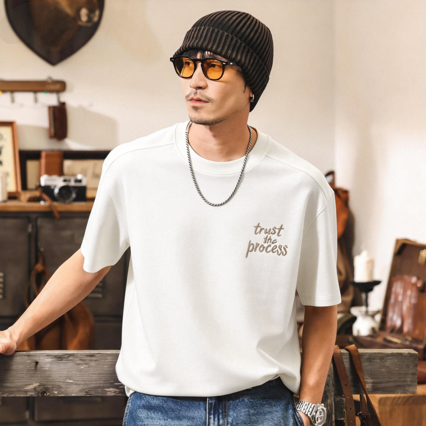 美式復古精梳棉刺繡T恤男夏季潮流280g重磅短袖寬鬆潮牌男士上衣