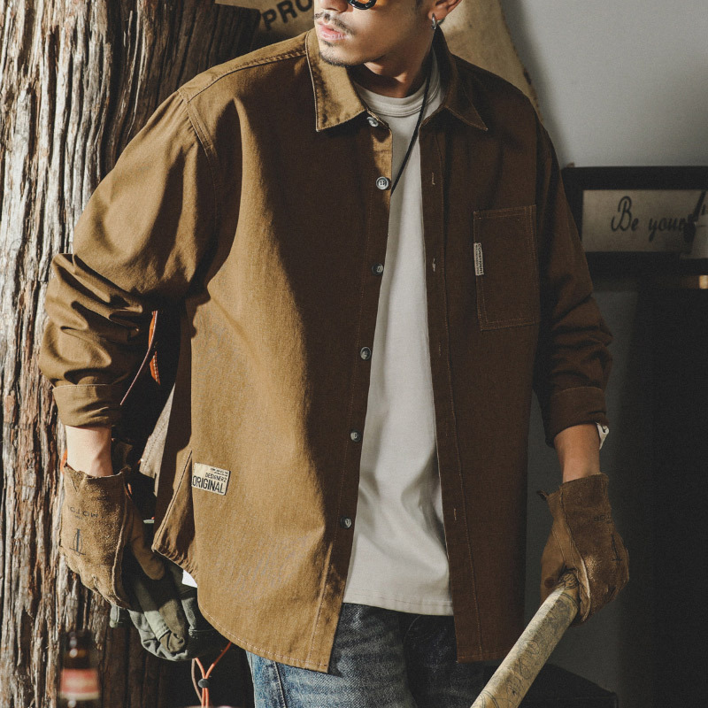 美式經典復古工裝襯衫男長袖春季2024年新款寬鬆襯衣夾克春秋外套