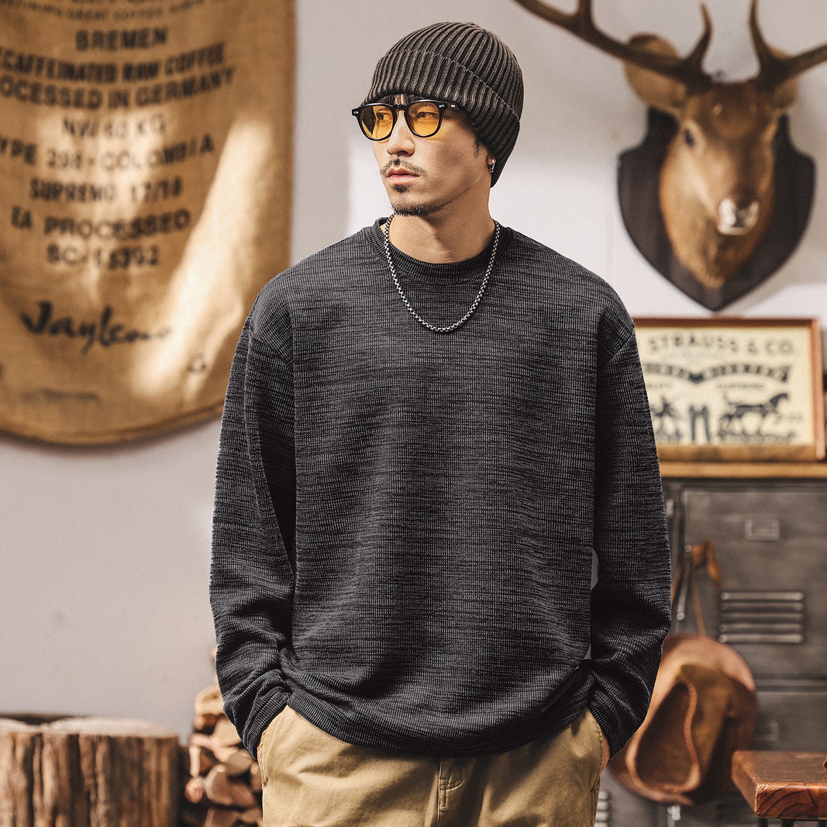 美式復古300g重磅長袖t恤男秋季新款提花肌理感寬鬆棗紅色上衣男