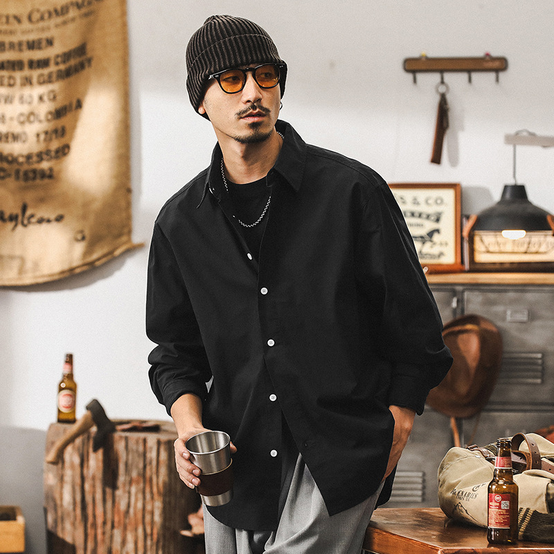 美式32支霧化精梳棉長袖襯衫男秋季上班通勤寬鬆休閒男士上衣襯衣