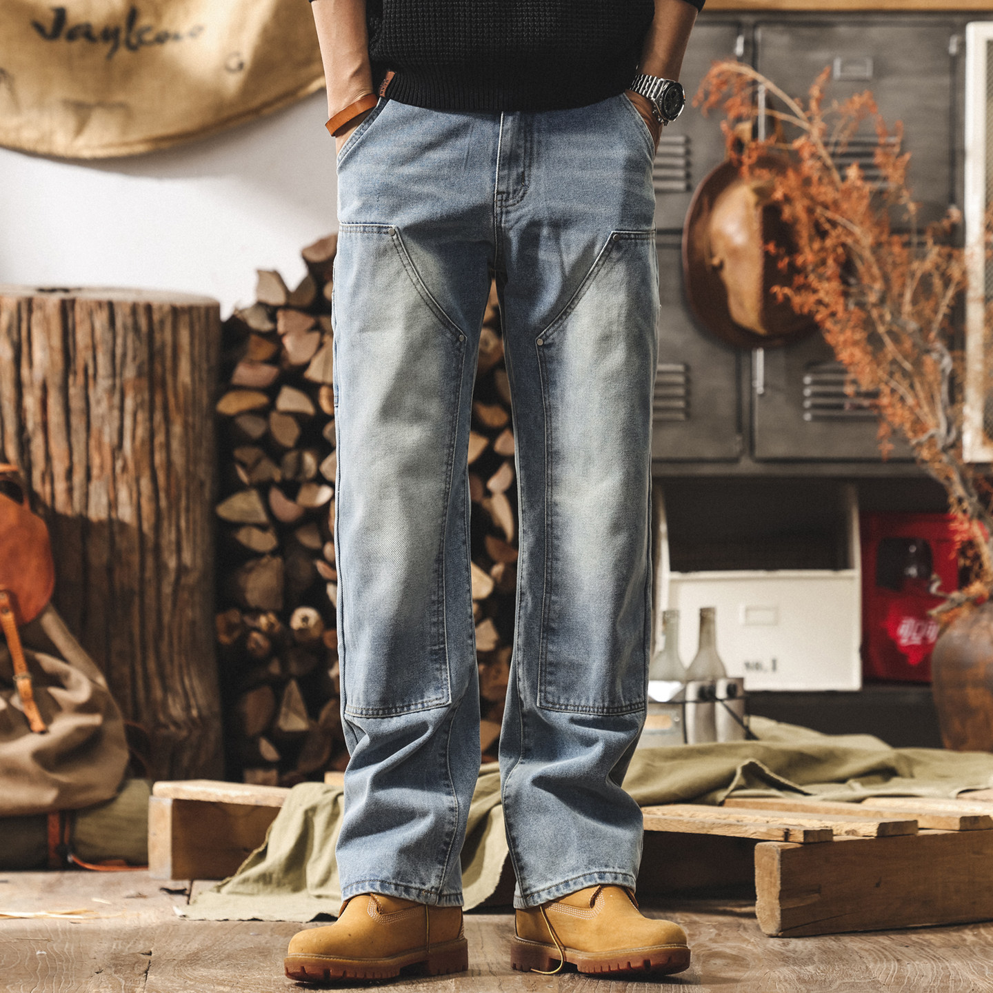 美式復古水洗牛仔褲男直筒春季潮牌工裝褲伐木工褲男士寬鬆休閒褲
