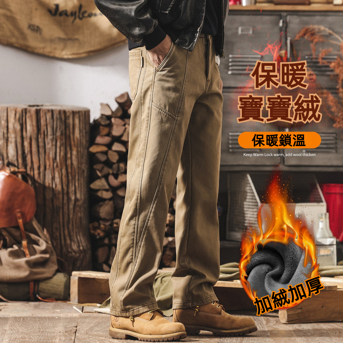 美式復古加絨工裝褲子男士新款冬季加厚潮牌水洗寬鬆直筒休閒長褲