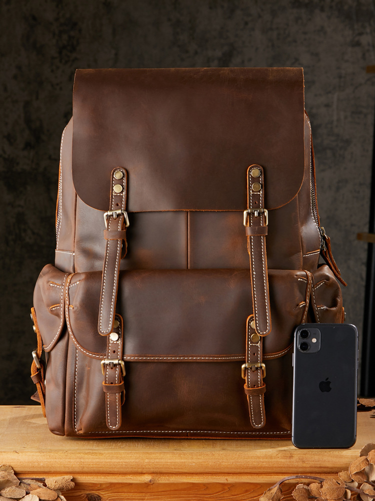 手工牛皮復古雙肩包男真皮戶外旅行背包男士百搭瘋馬皮男包電腦包