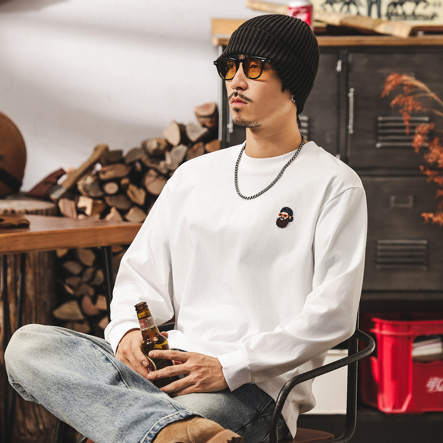 美式復古260g重磅長袖T恤男春秋新款寬鬆休閒打底衫白色純棉上衣T