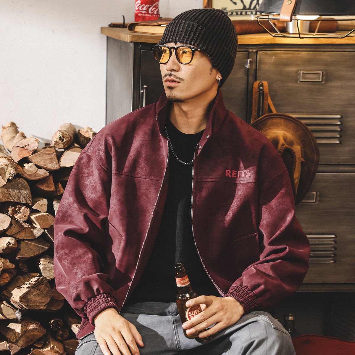 美式復古扎染立領機車皮衣外套男春秋新款痞帥潮流飛行員教練夾克