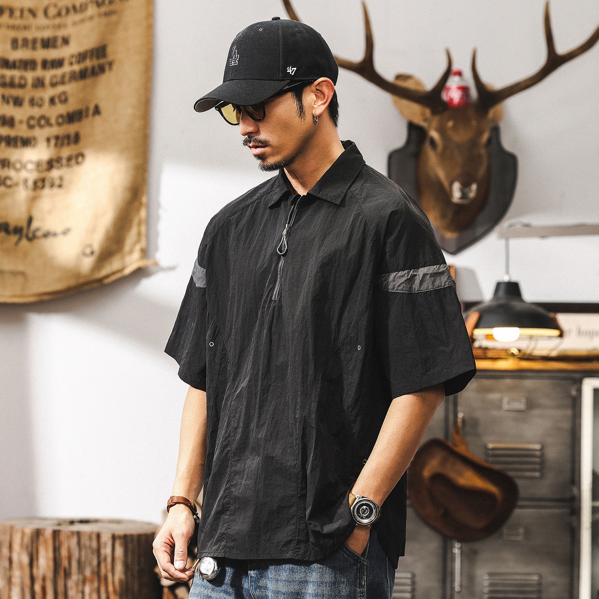 美式復古半拉鍊男士polo衫短袖男夏季薄款彈力戶外機能速乾T恤男