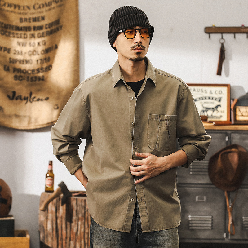 美式復古卡其色工裝襯衫男秋季長袖潮牌寬鬆男士水洗休閒夾克外套