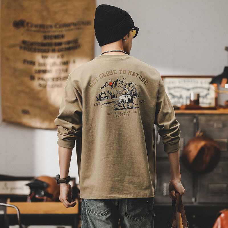 美式重磅T恤男長袖春季2024新款潮牌上衣山系印花男裝衣服男