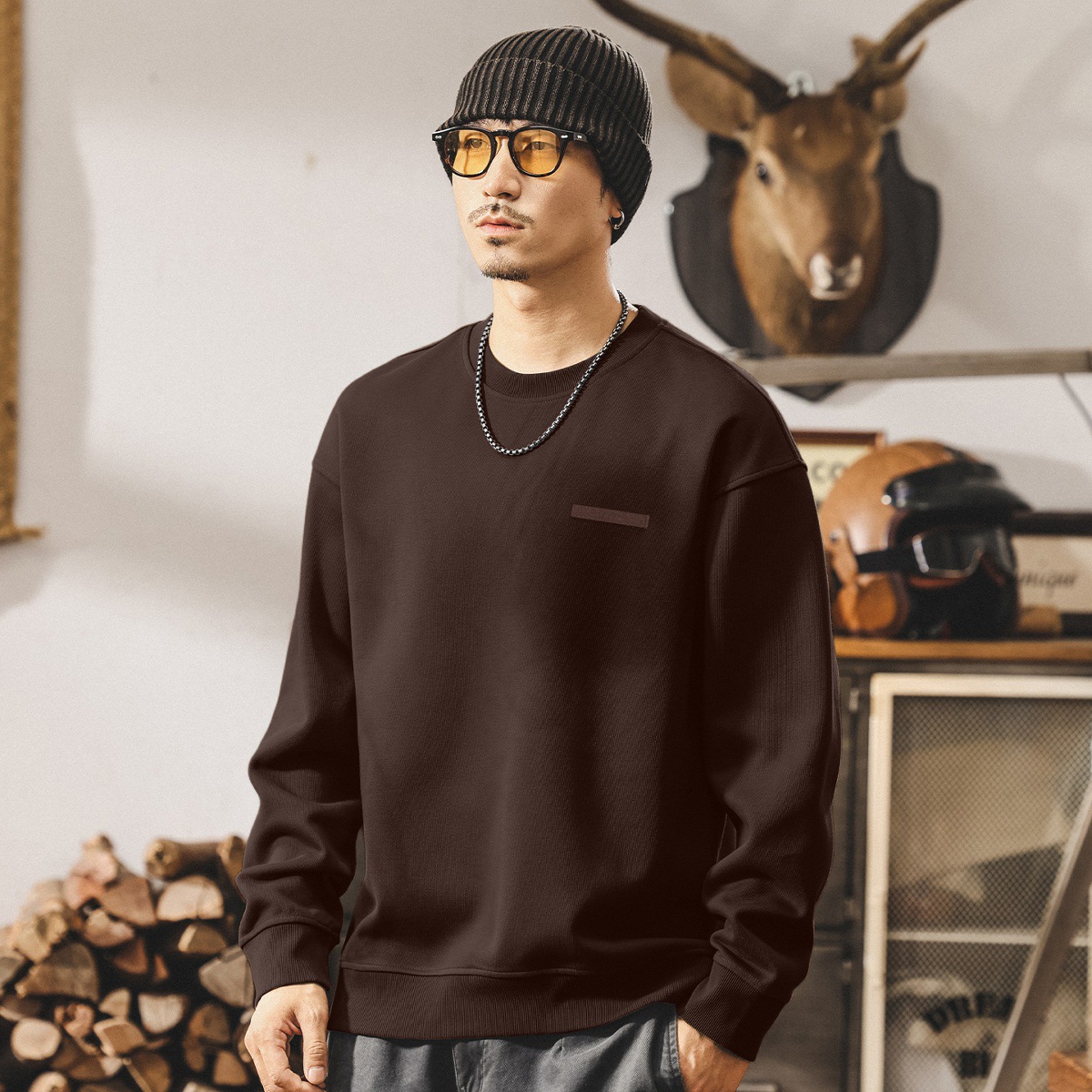 美式360g重磅衛衣男2025新款秋季寬鬆圓領安可拉紅復古春秋外套男