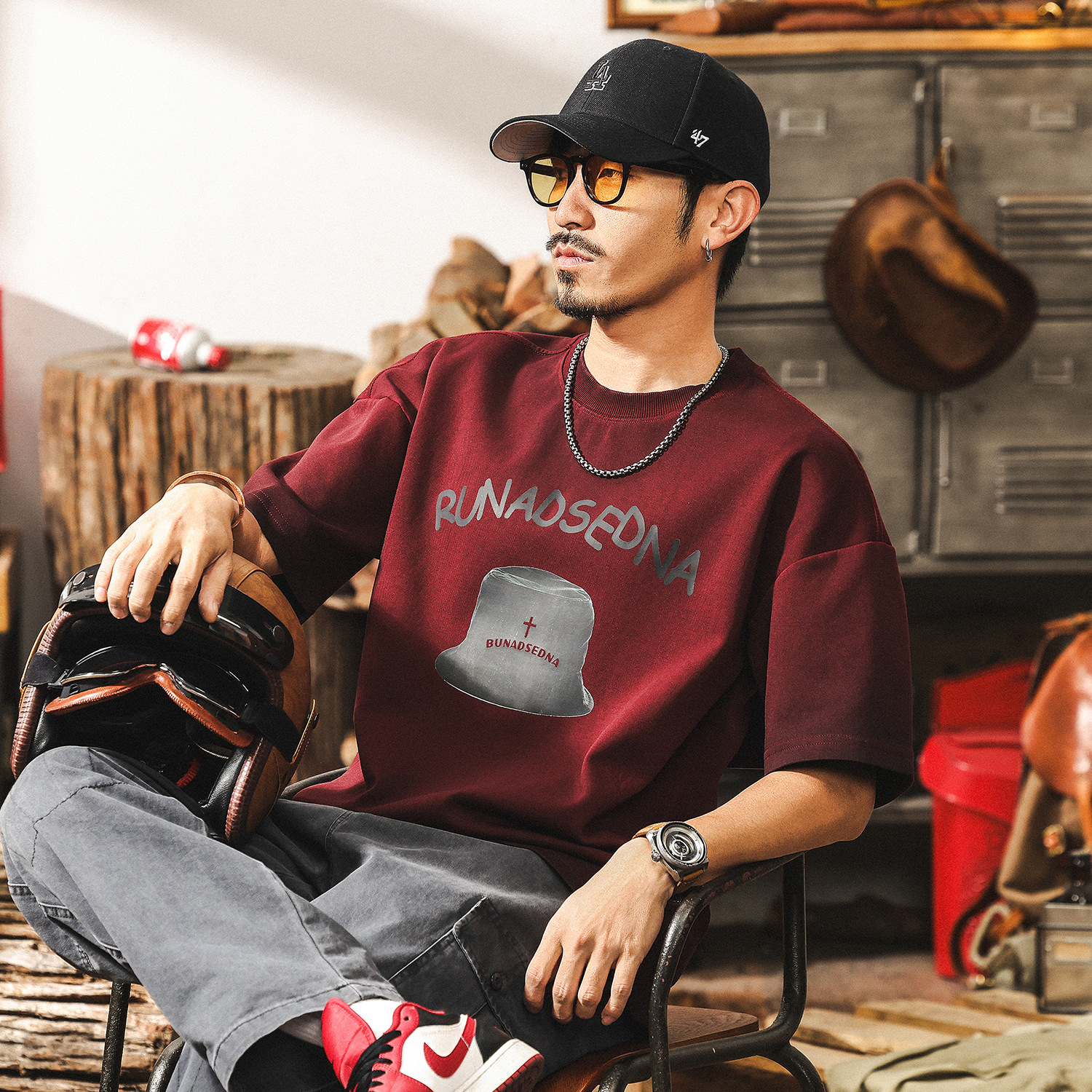 安可拉紅300g重磅T恤男短袖夏季2025新款美式復古髒染水洗上衣男