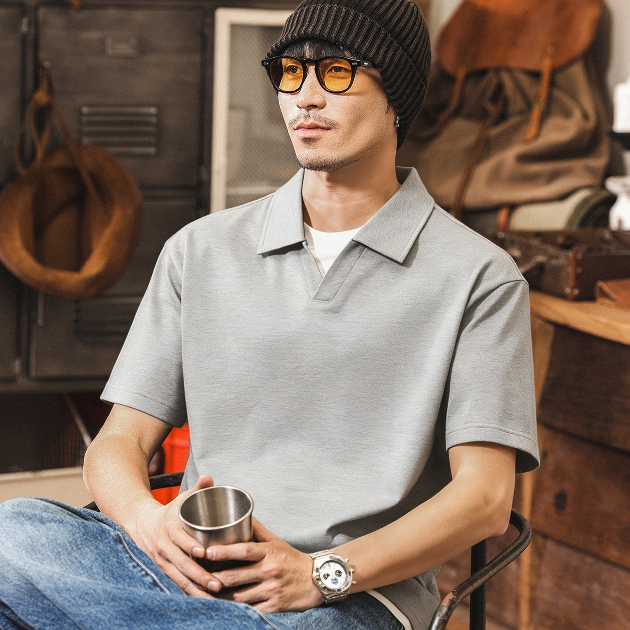 美式復古假兩件Polo衫男短袖2026新款夏季男裝寬鬆休閒潮牌T恤男