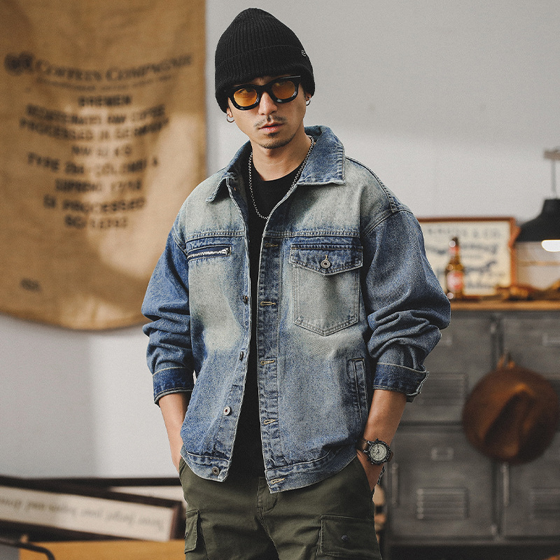 美式經典工裝夾克男春秋2024新款痞帥做舊磨白納米水洗牛仔外套男