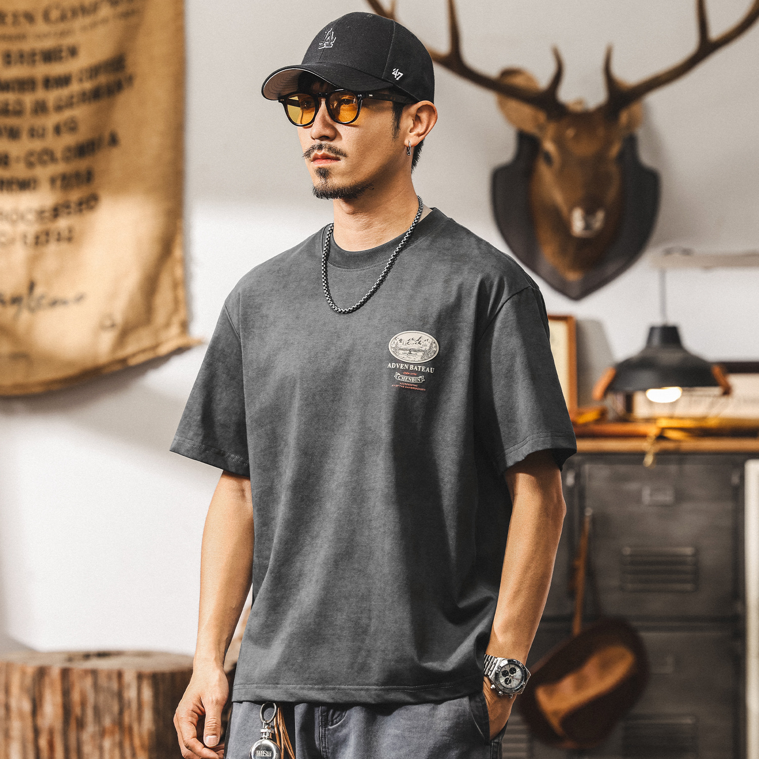 美式復古做舊水洗T恤男夏季山系戶外印花短袖男款潮牌寬鬆上衣男