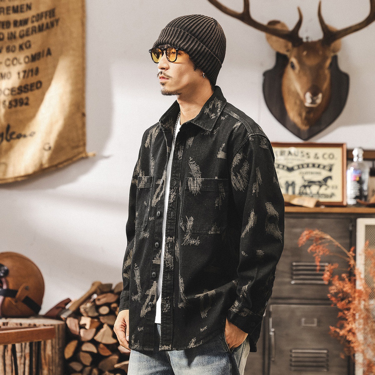 美式復古色織牛仔外套男春季新款提花潮牌襯衣寬鬆春秋長袖襯衫男