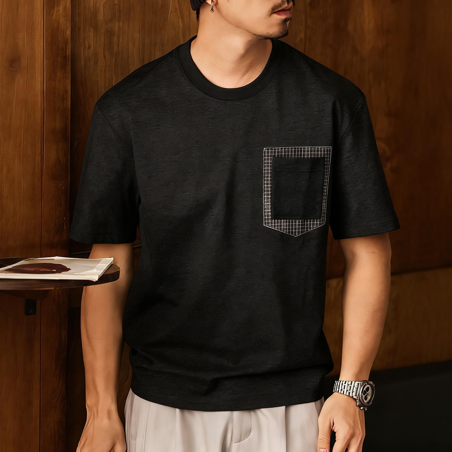 美式復古男士短袖t恤男夏季2026新款潮牌格紋口袋撞色寬鬆上衣男