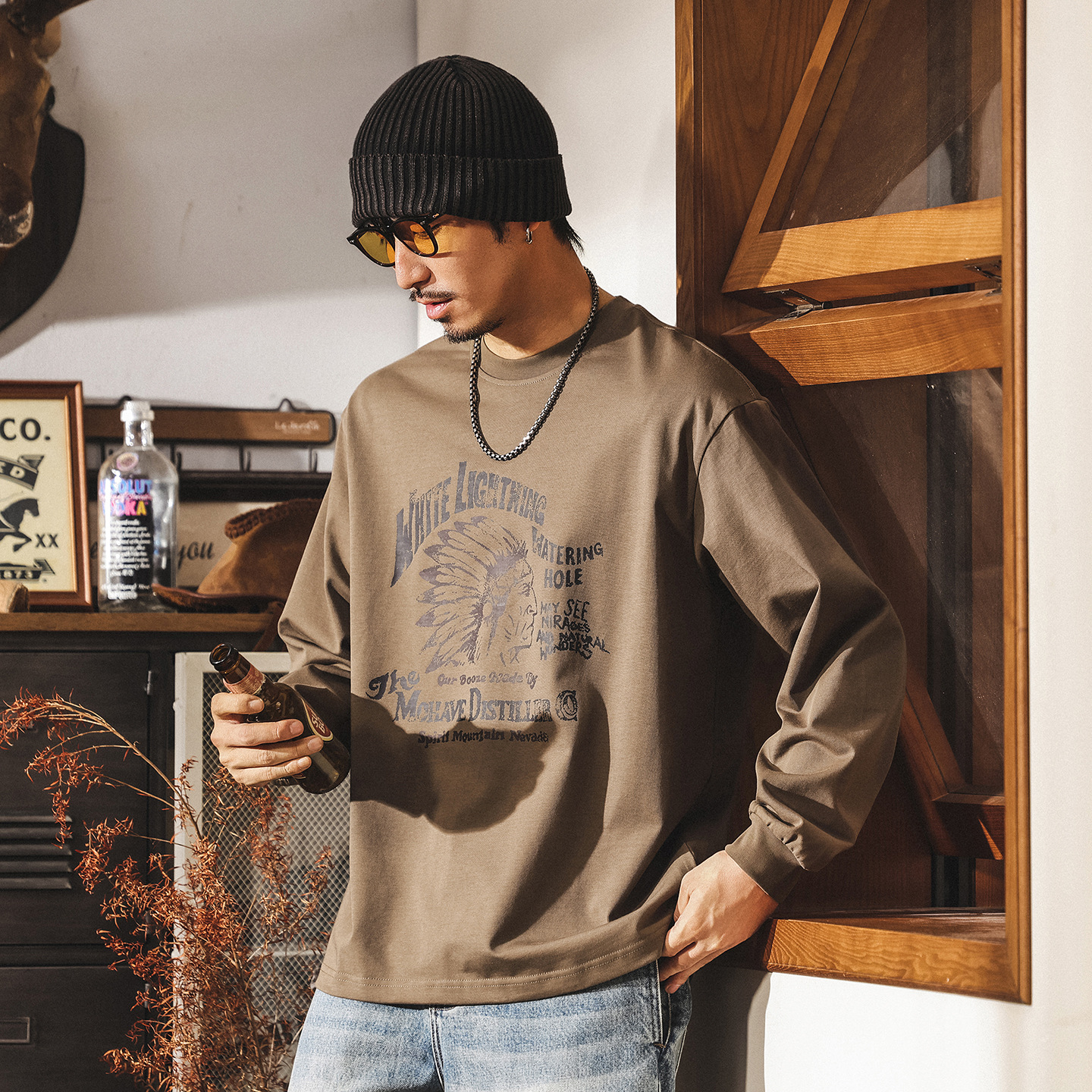 美式復古長袖男t恤春秋2025新款印第安納部落寬鬆休閒上衣純棉T男