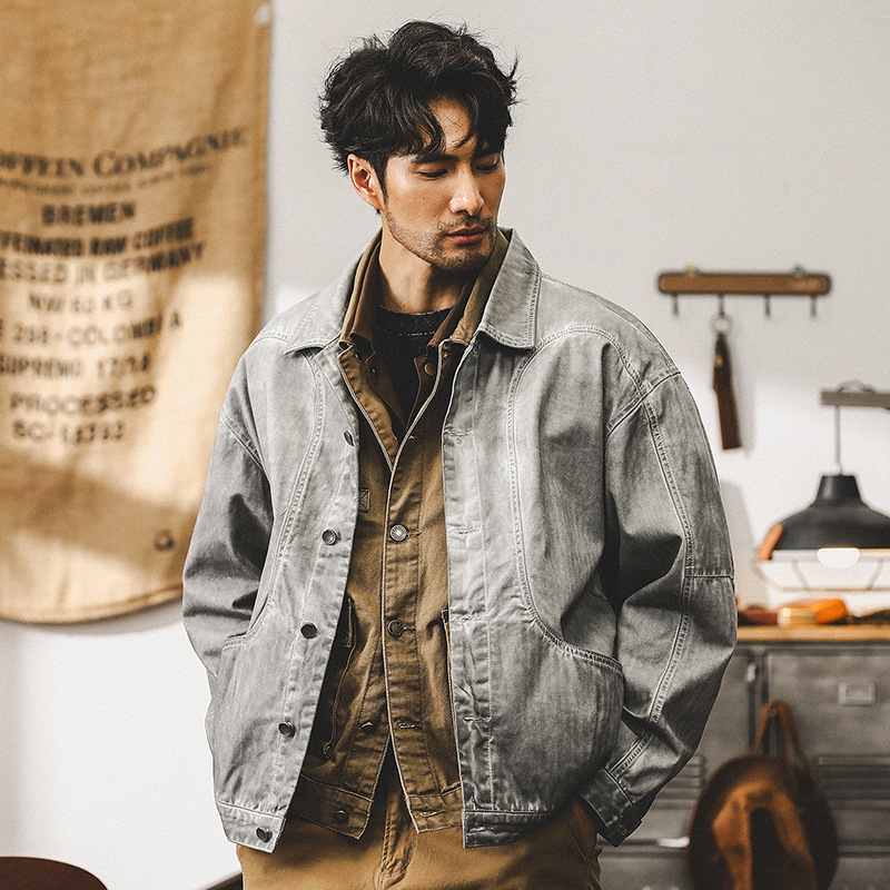 美式重磅複古外套男春秋款潮牌寬松休閑老式古著髒染男士工裝夾克