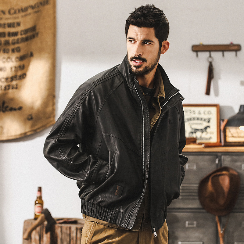 美式復古軟皮衣外套男冬季加絨寬鬆硬漢帥氣機車服秋冬款棉服夾克
