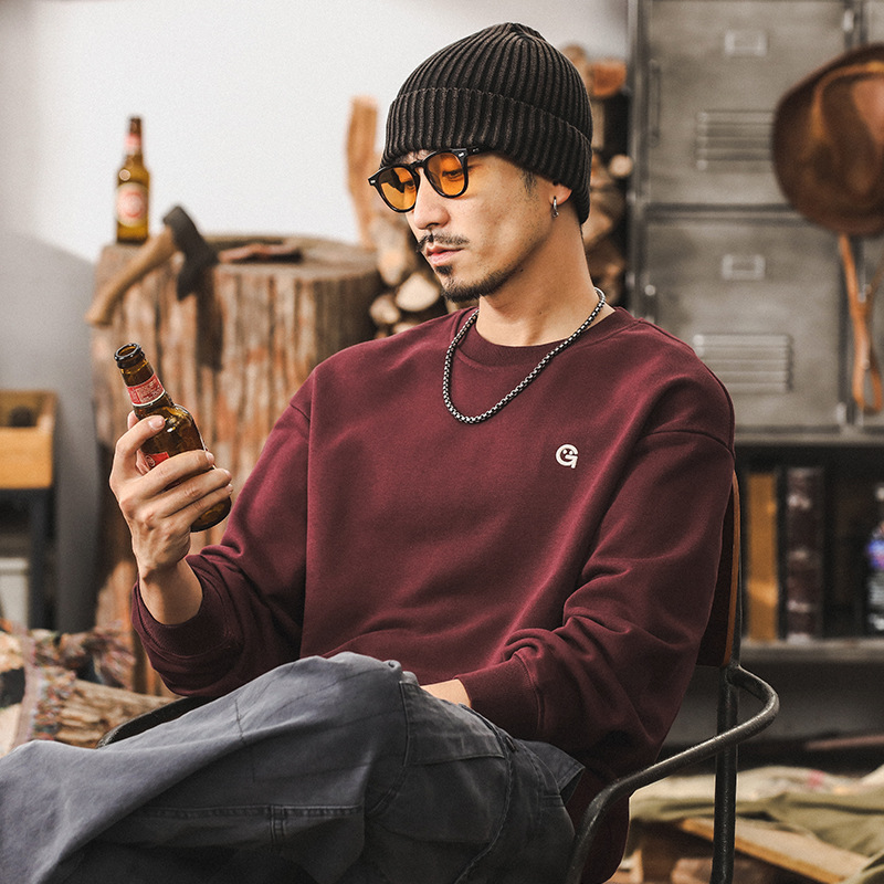 杰雷諾美式360g重磅復古衛衣男寬鬆秋季潮牌棗紅色長袖T恤男上衣