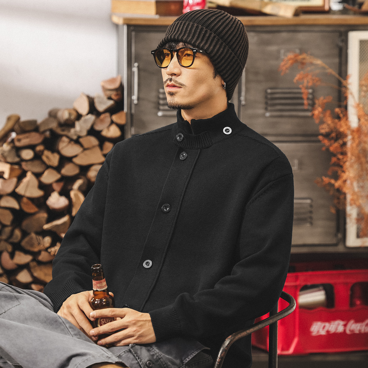 美式復古重磅半高領開衫毛衣男春秋新款立領男士針織衫外套男秋冬