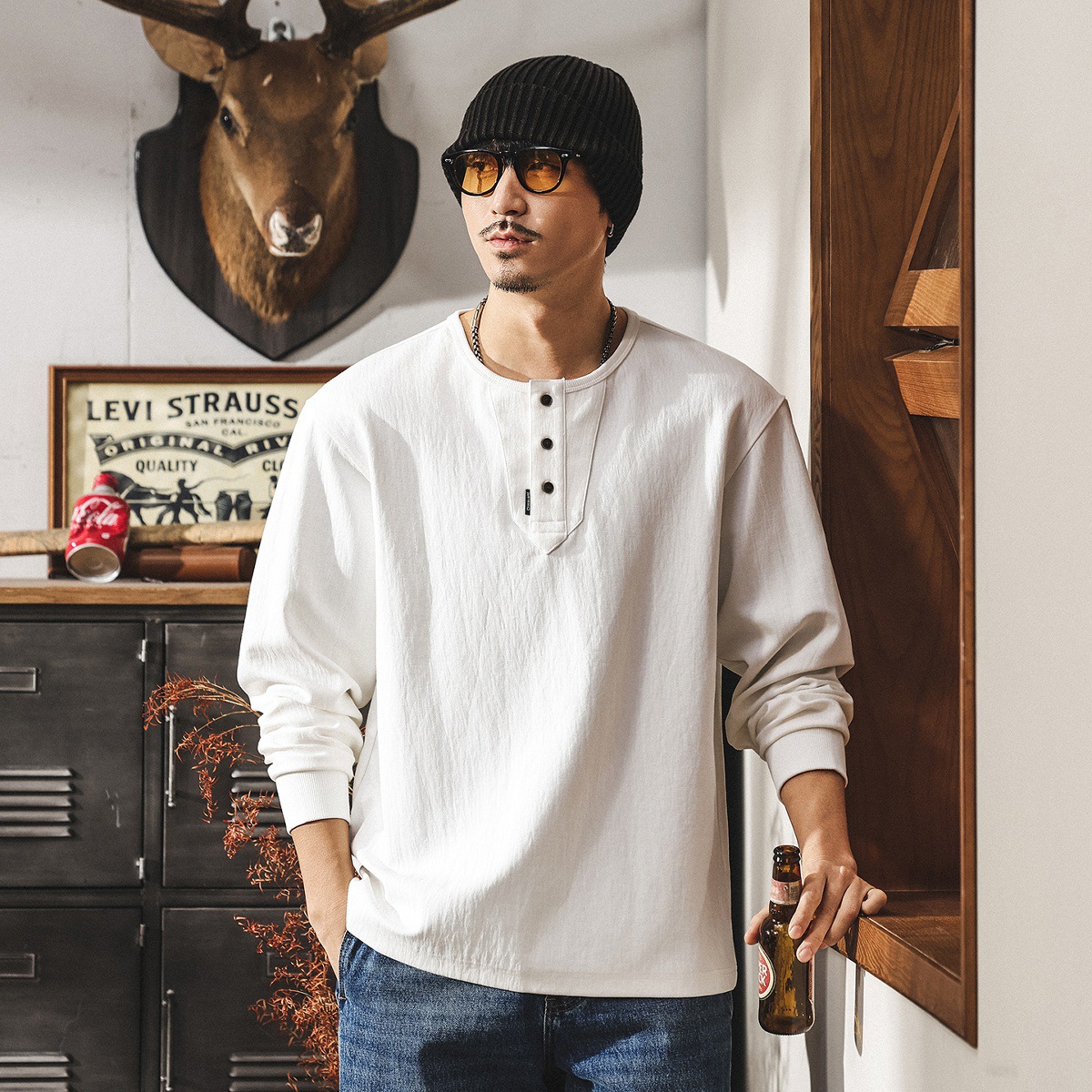 美式復古重磅T恤男長袖春秋款寬鬆圓領衛衣潮牌硬漢亨利領polo衫