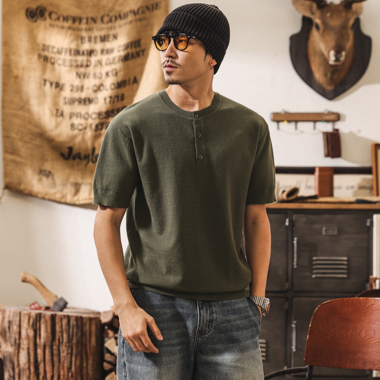 美式復古老錢風針織短袖Polo衫男夏季T恤新款寬鬆潮牌硬漢亨利衫