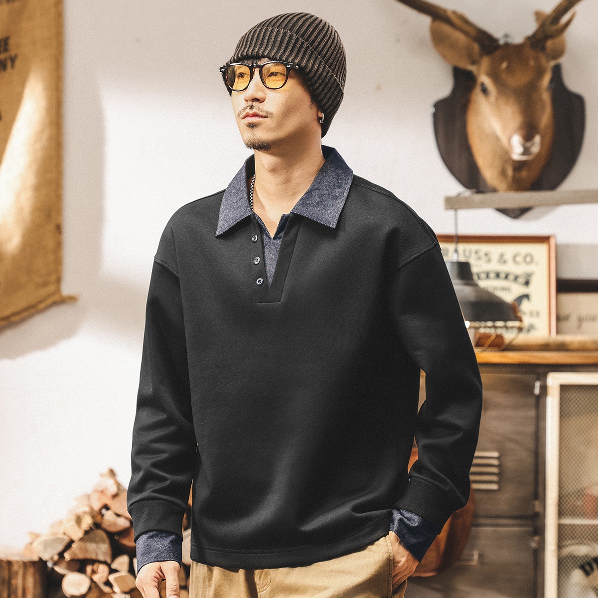 美式復古360g重磅衛衣男秋季新款高級感牛仔襯衫領潮牌假兩件上衣