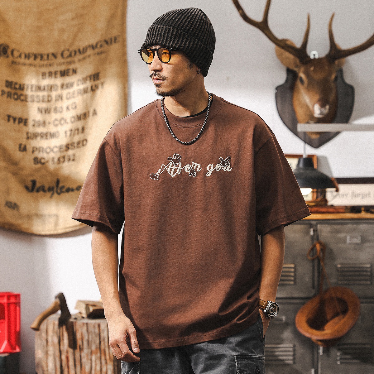 美式復古短袖男夏季300g重磅T恤男2025新款潮牌寬鬆刺繡上衣