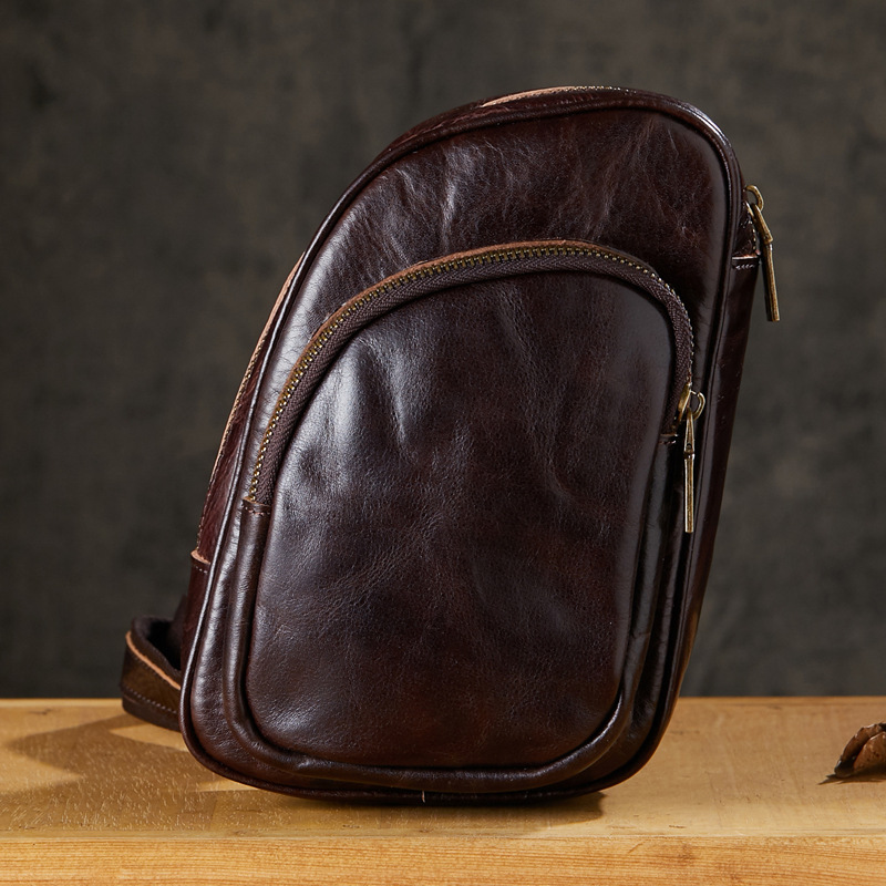 手工原創真皮胸包男士個性單肩斜挎包牛皮時尚小背包休閒百搭男包