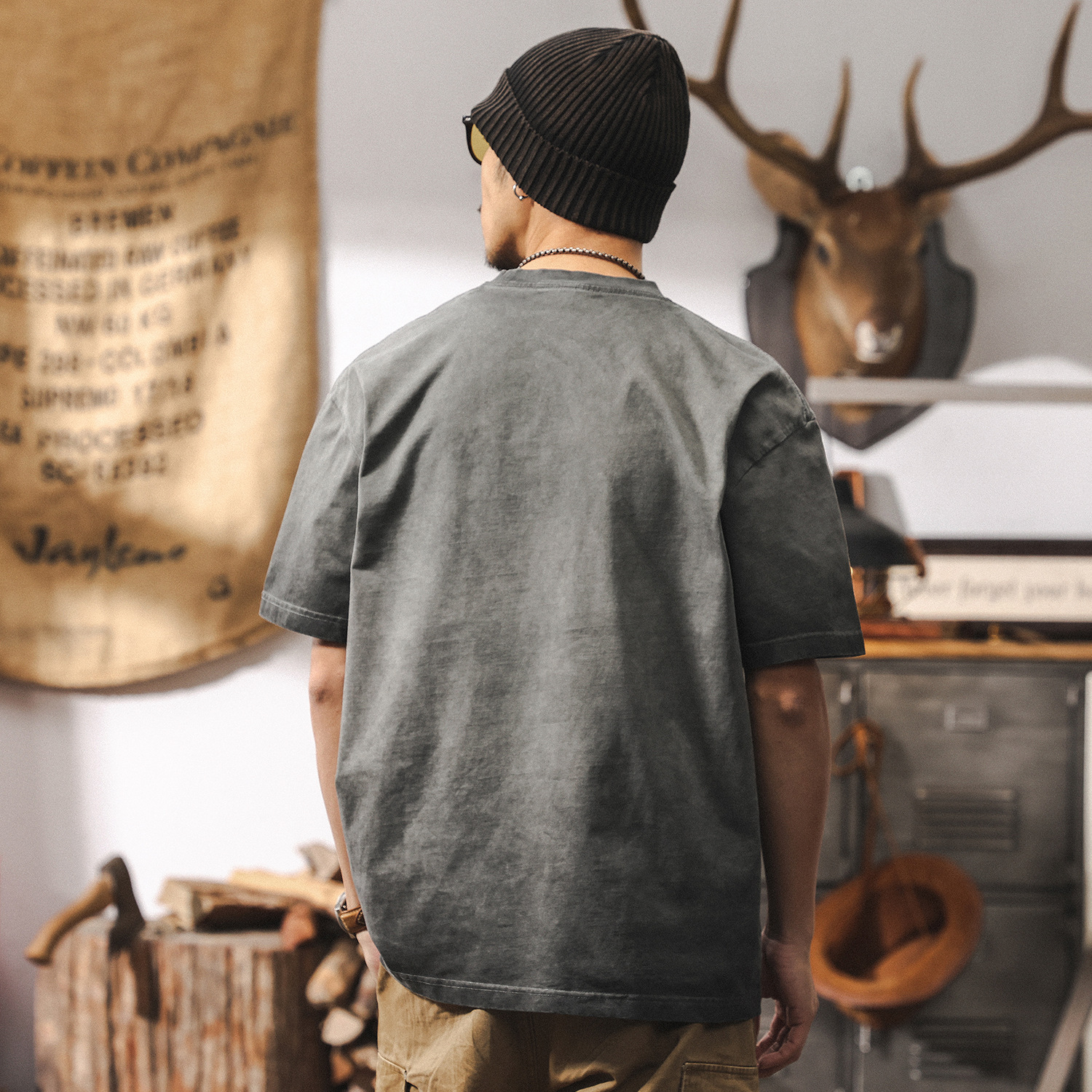 阿蘇特洗褪炒色短袖T恤男夏季美式復古臟染做舊水洗寬鬆休閒上衣T