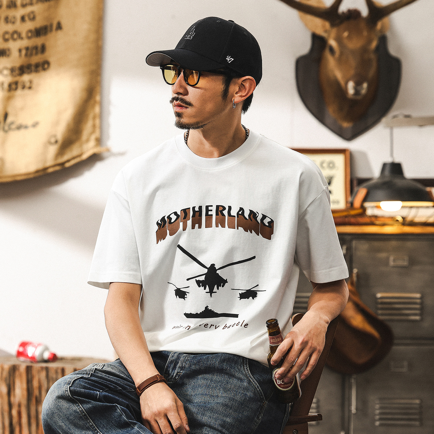 美式復古科技涼感棉男士T恤夏季短袖2025新款潮牌寬鬆印花上衣男