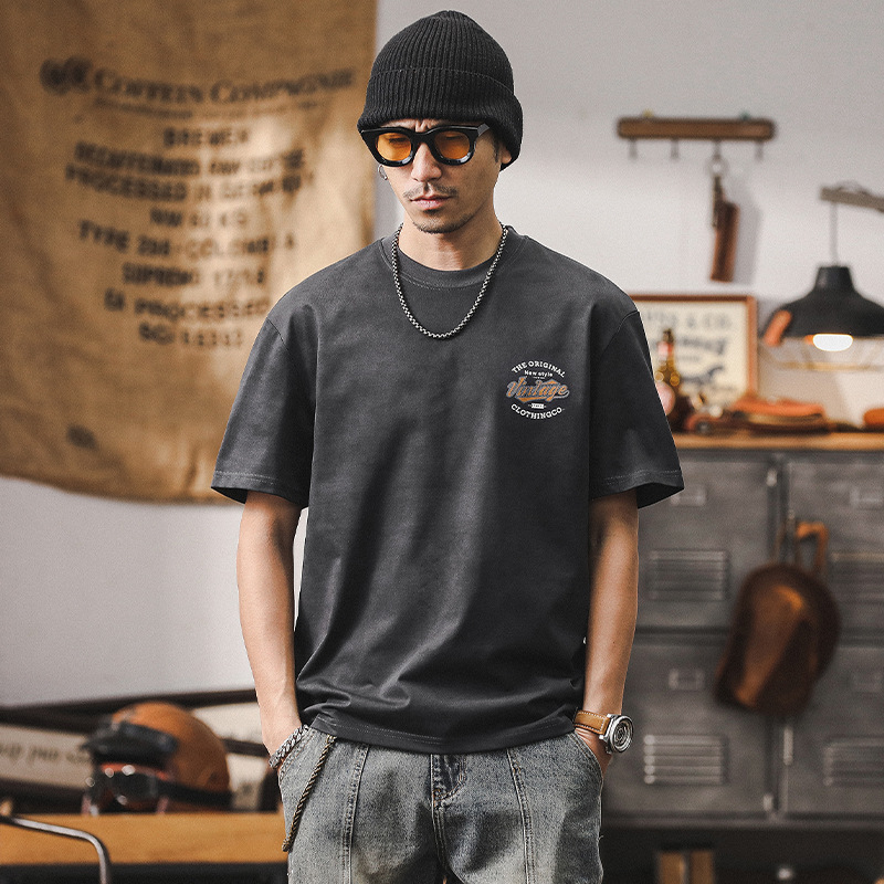 235g重磅發泡印花T恤男夏季短袖2024新款美式復古潮牌寬鬆上衣男