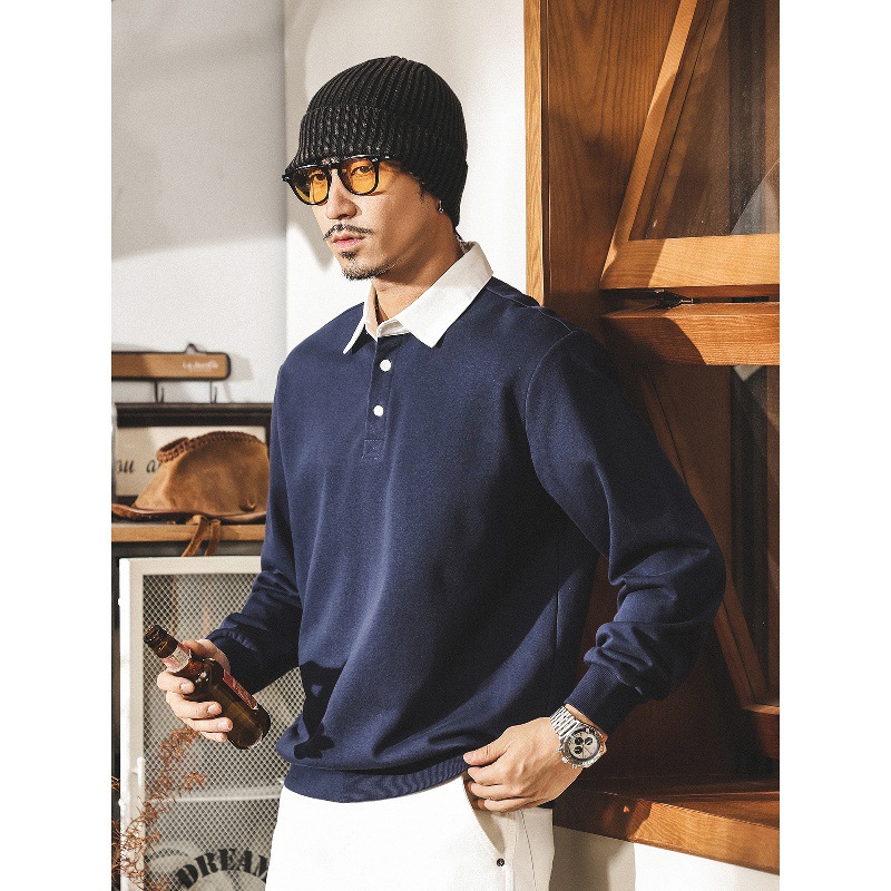 美式復古280g重磅衛衣男春秋款寬鬆撞色翻領Polo衫男長袖休閒上衣