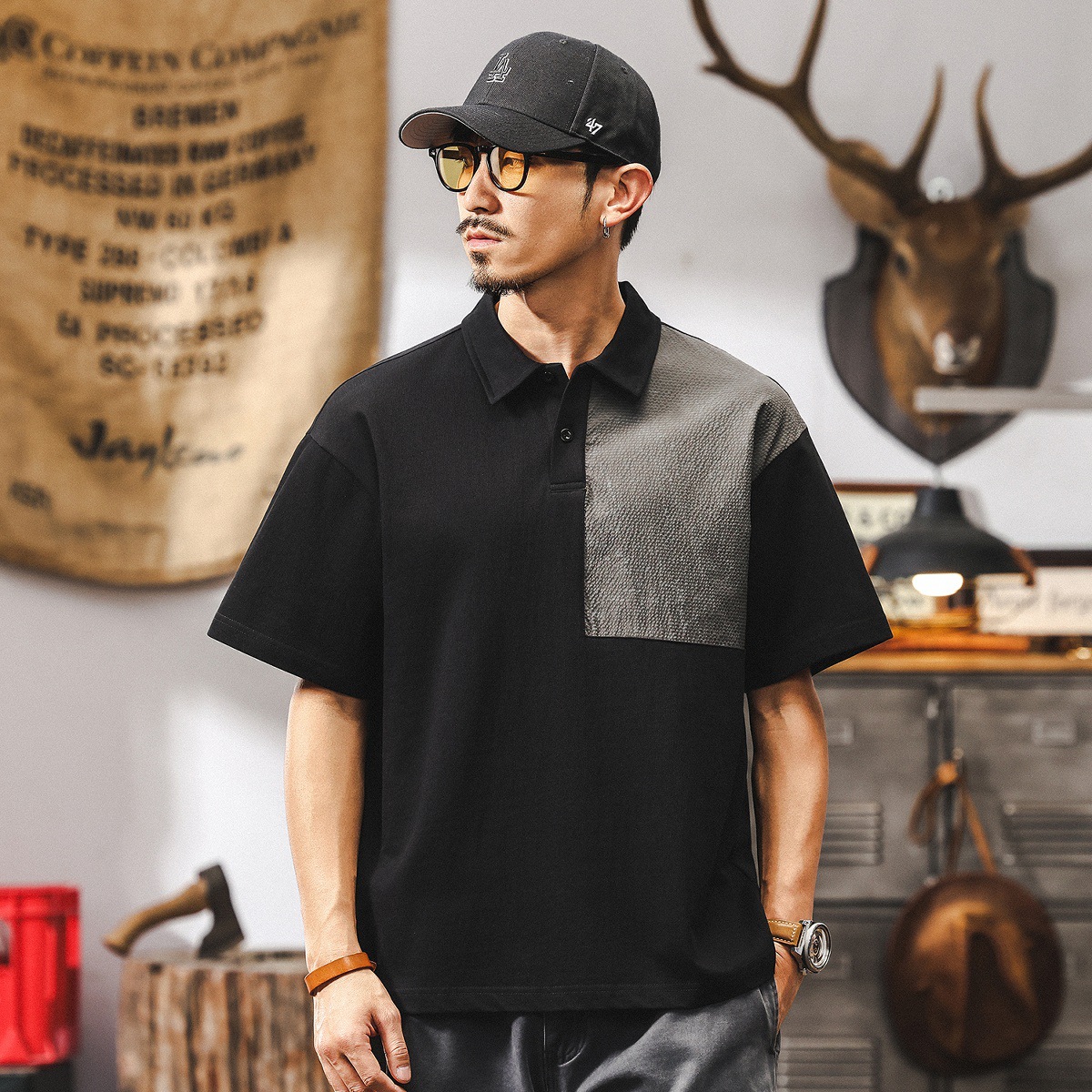 短袖男夏季2025新款男士Polo衫潮牌美式復古寬鬆上衣半袖男裝T恤