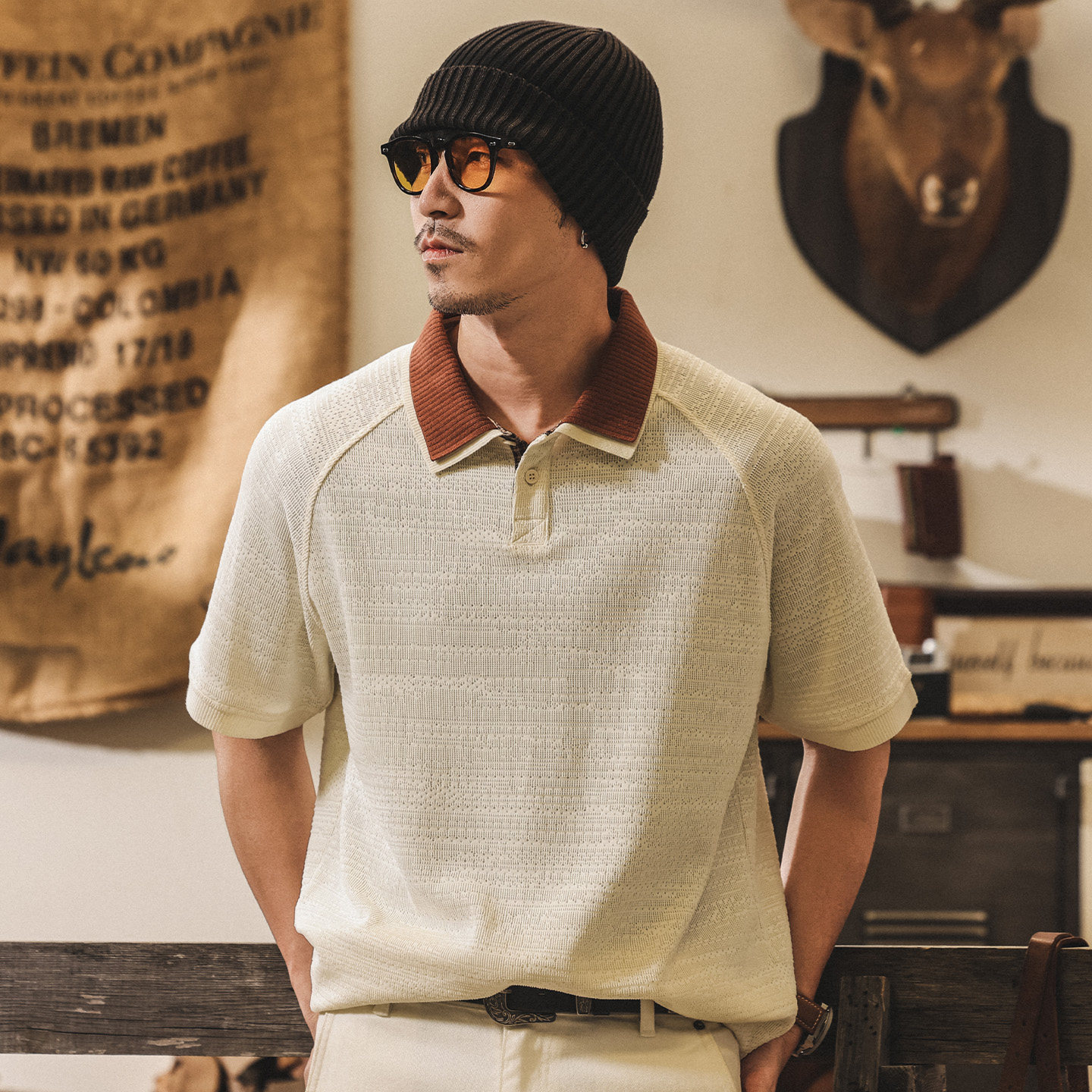 美式復古針織提花Polo衫短袖男夏季潮牌休閒假兩件T恤男寬鬆上衣