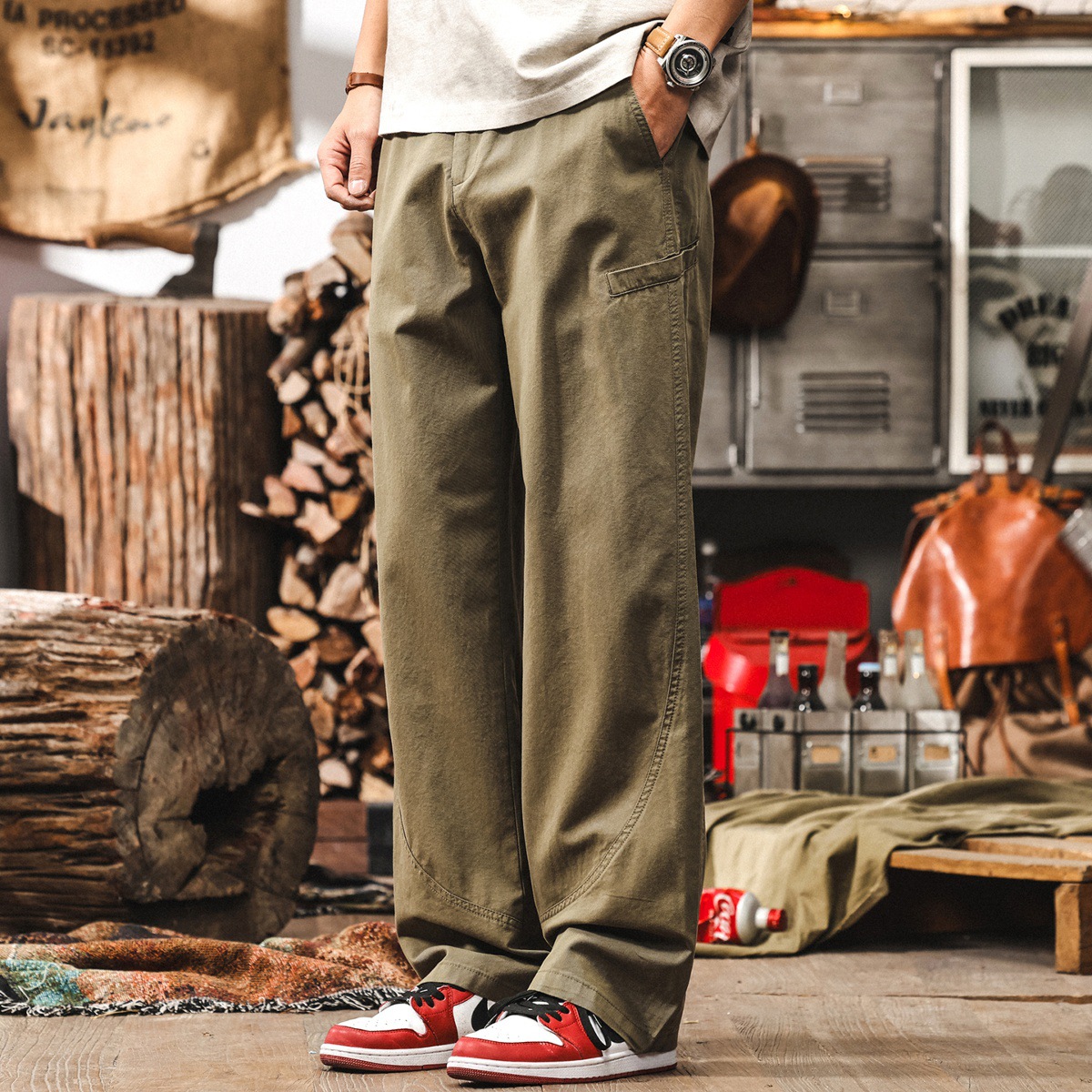 美式復古彎刀休閒褲男夏季萊賽爾男士褲子垂感寬鬆直筒工裝長褲男