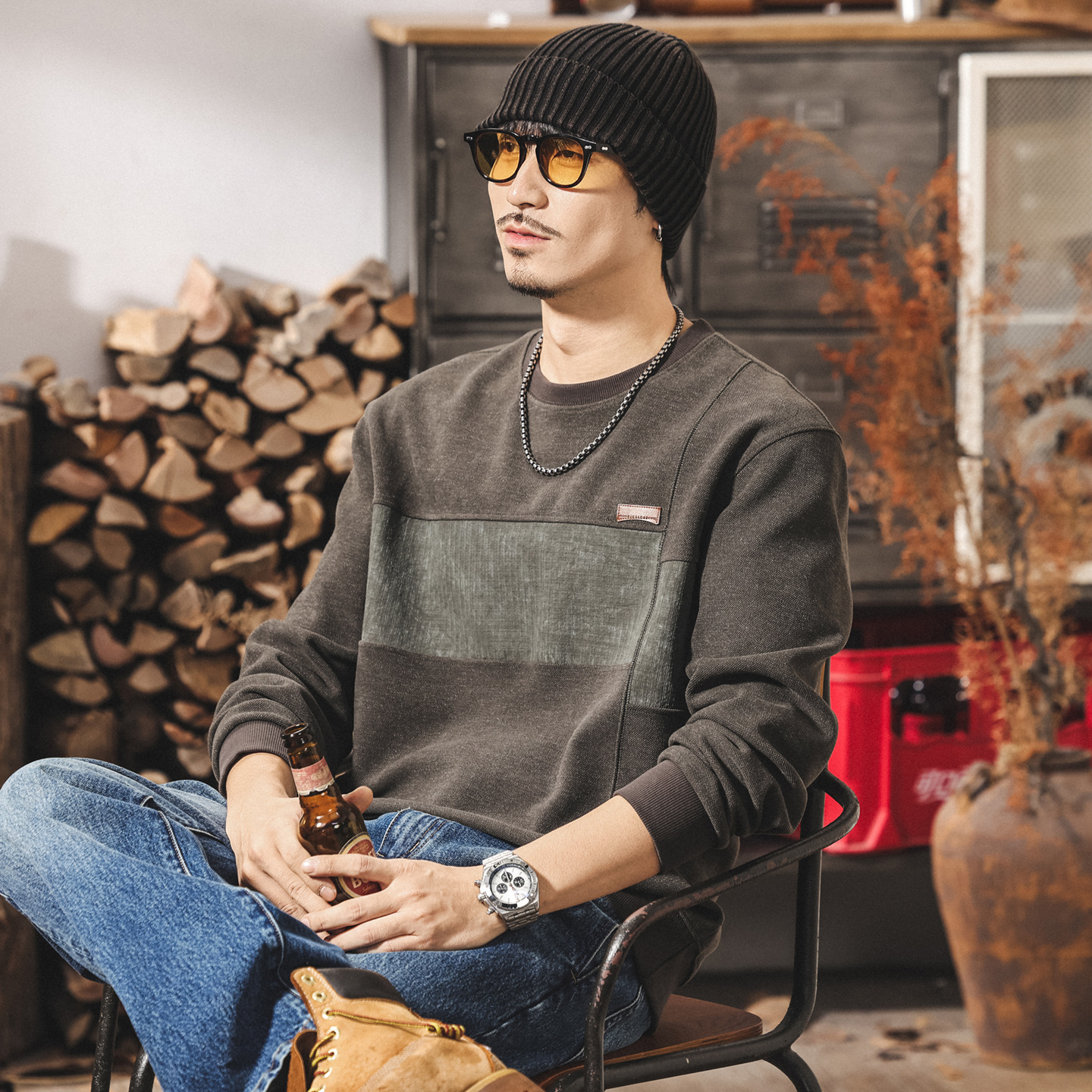 美式復古加絨衛衣男冬季加厚2025新款潮牌撞色拼接寬鬆長袖上衣男