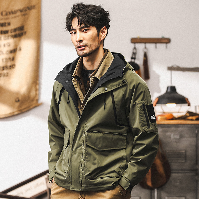 美式復古工裝外套男秋季山系戶外機能連帽衝鋒衣男士潮流休閒夾克