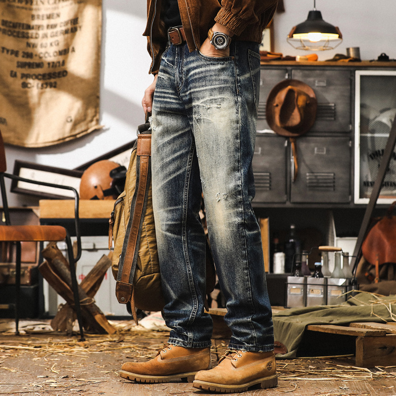 美式經典復古牛仔褲男直筒2024新款褲子男秋季潮牌重水洗休閒長褲