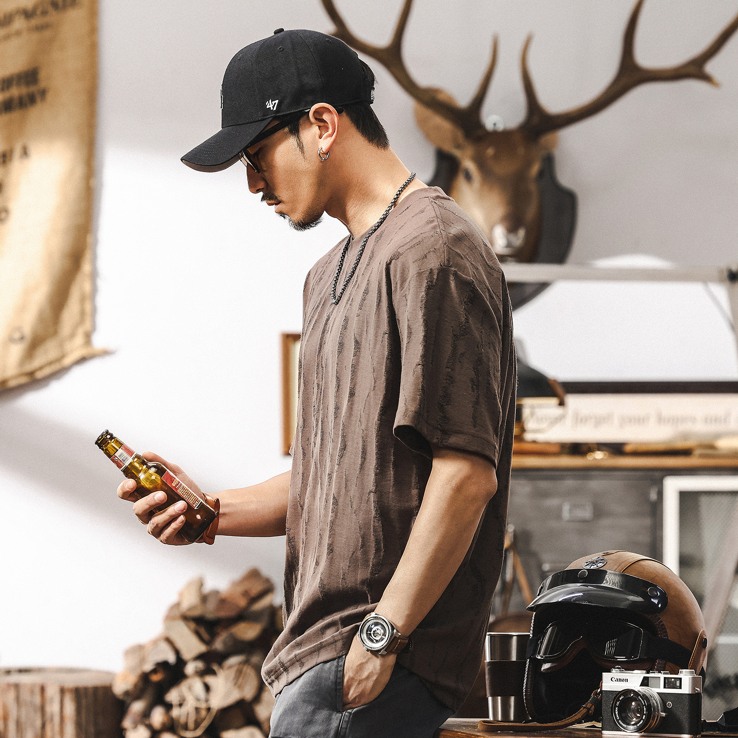 美式痞帥高級感T恤夏季短袖2025新款潮牌高端提花設計感男士上衣