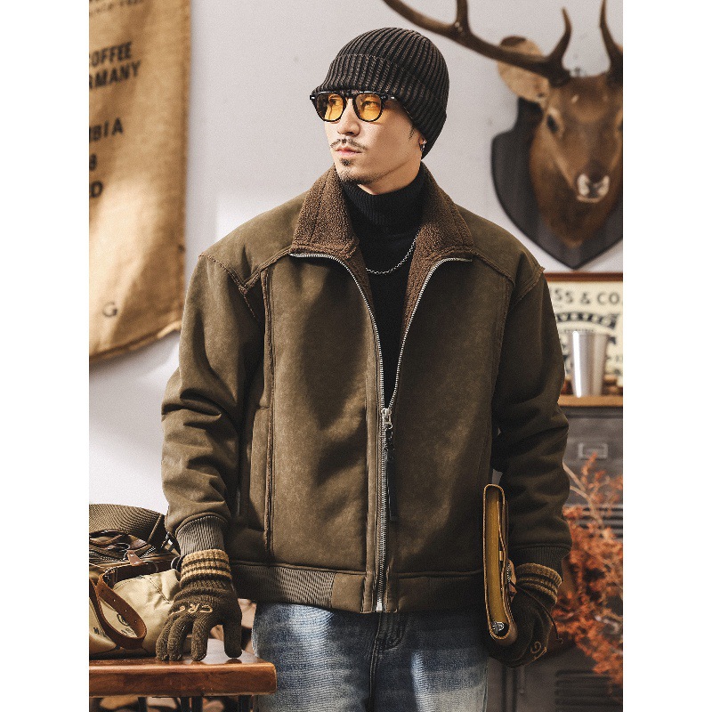 美式復古加厚機車皮毛一體麂皮絨棉服男冬季保暖羊羔絨棉衣外套男