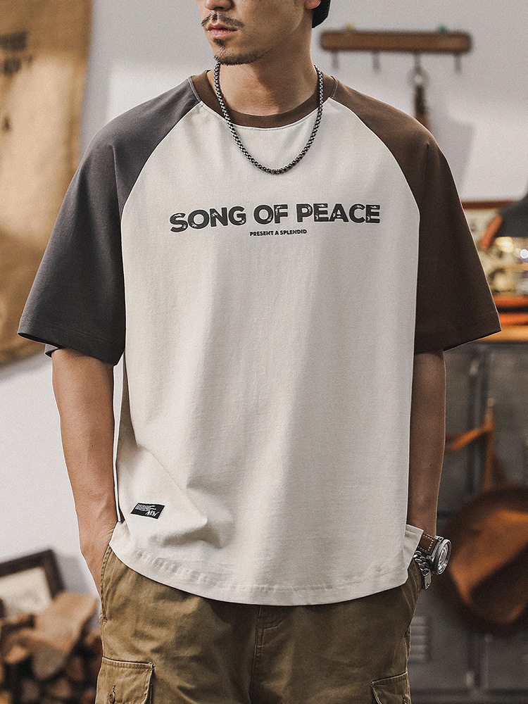 美式經典復古男士短袖T恤夏季寬鬆撞色拼接上衣潮牌休閑體恤男裝