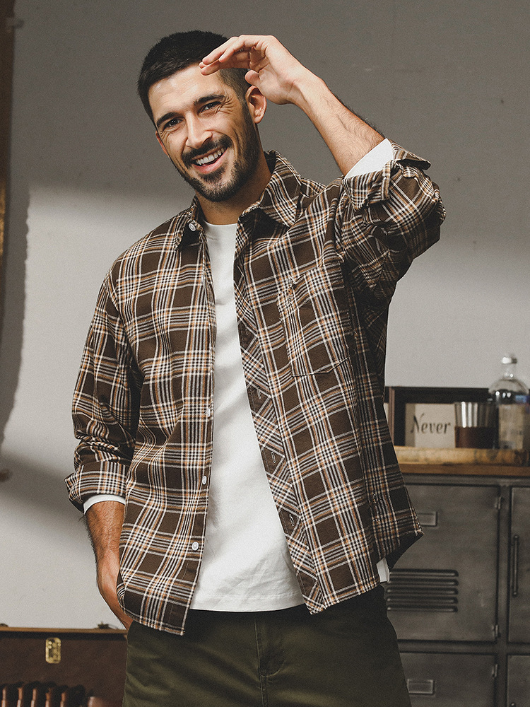 美式復古重磅磨毛格子襯衫男2024春季新款美拉德寬鬆帥氣長袖襯衣