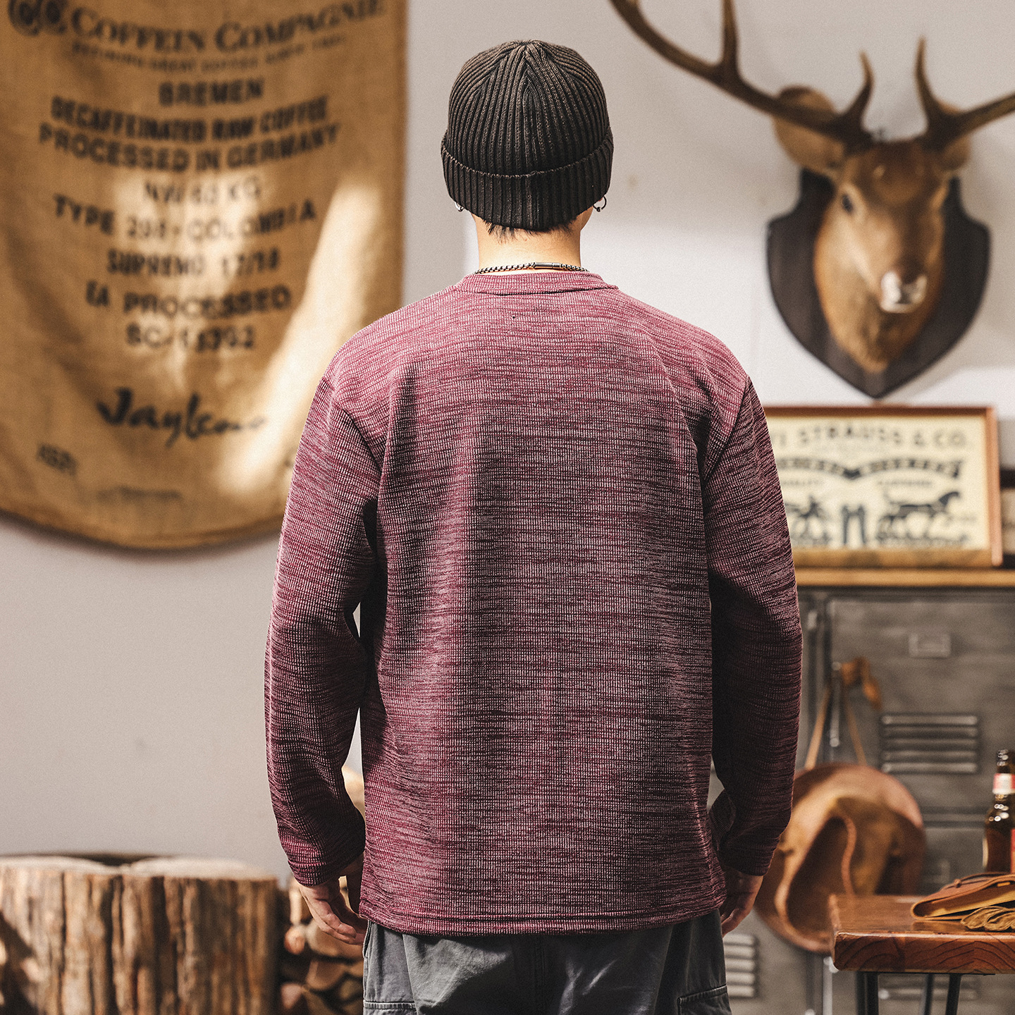 美式復古300g重磅長袖t恤男秋季新款提花肌理感寬鬆棗紅色上衣男