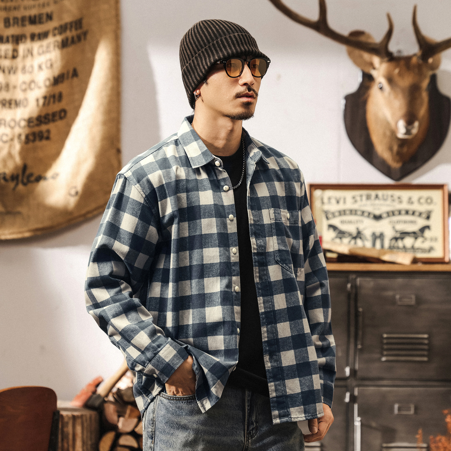萊賽爾天絲靛藍洗褪格子襯衫男秋季美式潮牌新款寬鬆長袖襯衣外套