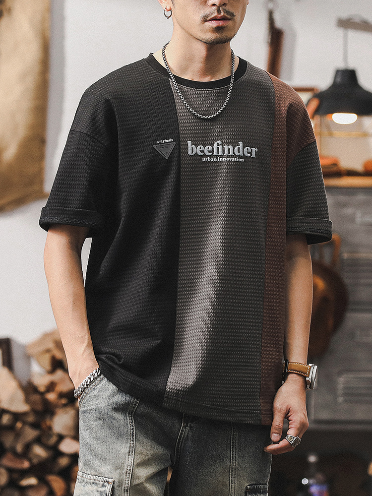 美式華夫格短袖T恤男拼接撞色設計款男士體恤夏季寬鬆大碼上衣男