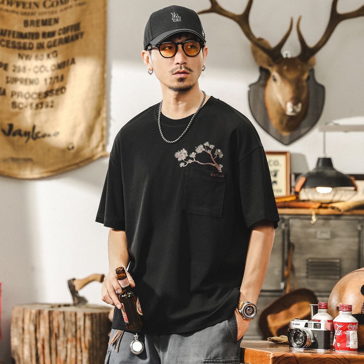 萊賽爾天絲親膚短袖男款夏季國潮印花T恤男潮牌寬鬆大碼男士上衣