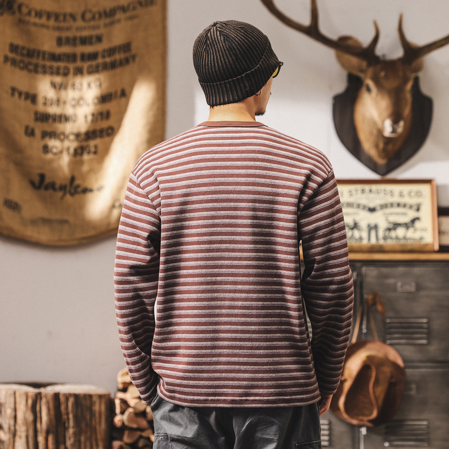 美式復古360g重磅衛衣男秋季新款針織條紋海魂衫亨利領長袖polo衫